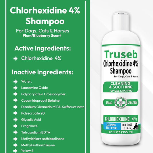 Truseb Topical Chlorhexidine 4% Shampoo for Dogs, Cats, and Horses with Plum/Blueberry Scent - 12 Oz - Made in U.S.A (Chlorhexidine 4% Shampoo, 12 Oz)