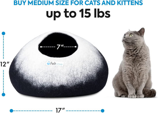 Medium Cat Cave Bed | Black & White | Cute and Cozy Cat Cave Handcrafted Merino Wool | Hideaway for Indoor Cats | Warming Nest for Kitty | Washable Wool Fabric - Gift for Pets
