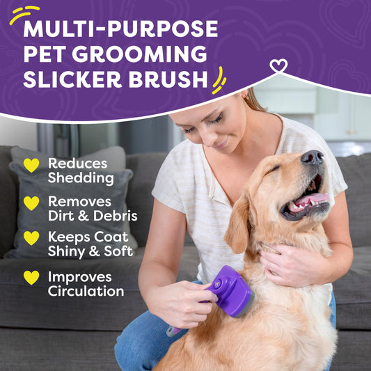 Self Cleaning Slicker Brush for Dogs and Cats - Pet Hair Brush for Shedding Long and Short Hair - Easy Clean Retractable Bristles - Cat and Dog Grooming Tool - Purple