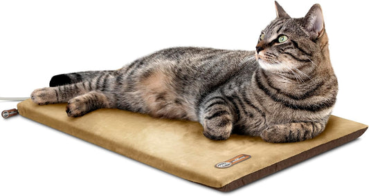 Heated Cat Bed Pad for Indoor Cats, Thermo-Kitty Mat Calming Warm Pet Heating Pad for inside Pets, Machine Washable, Waterproof Heater, Safety Listed - 12.5 X 25In Mocha/Tan