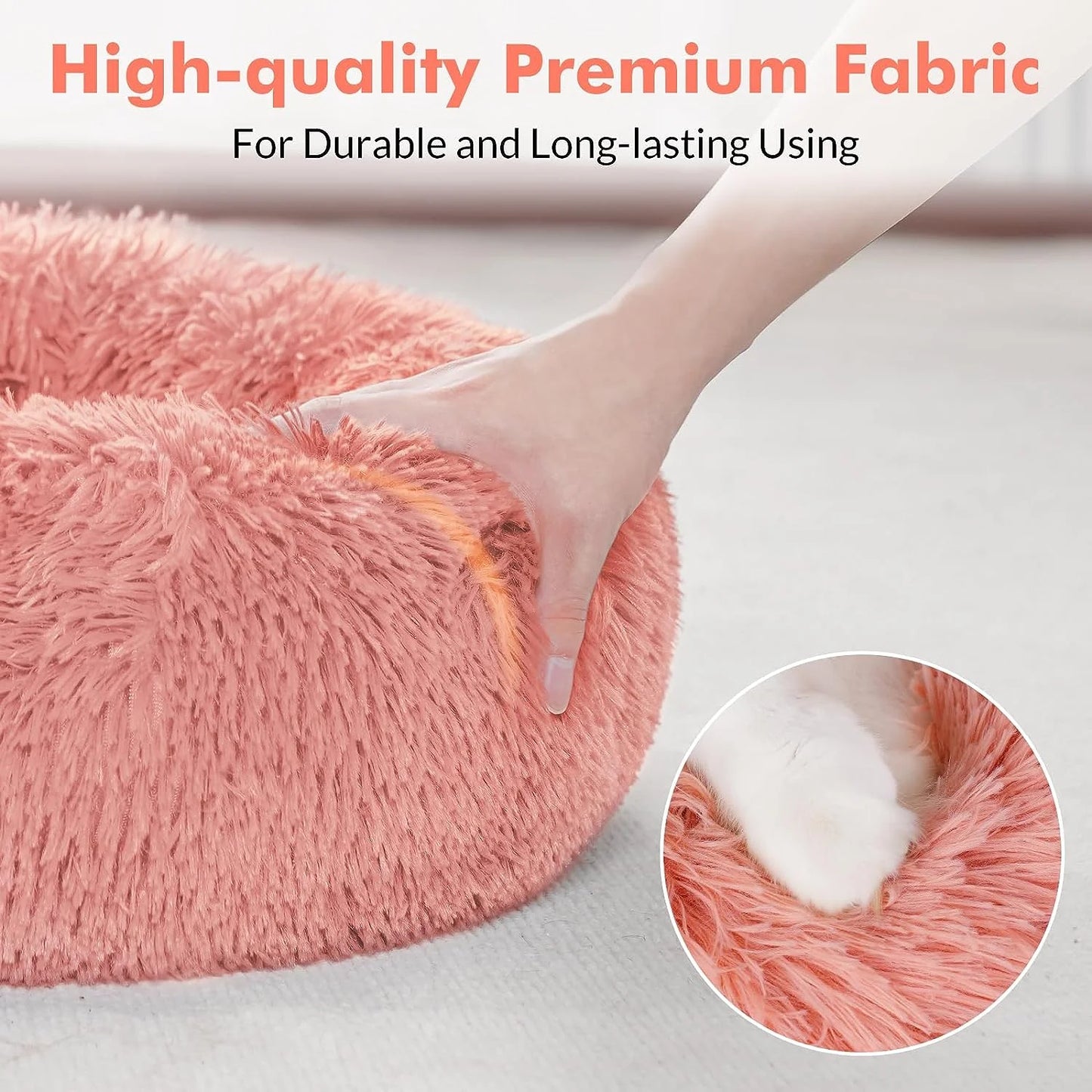 Cat Bed for Indoor Cats, Fluffy round Self Warming Calming Soft Plush Donut Cuddler Cushion Pet Bed for Small Dogs Kittens, 24 Inches