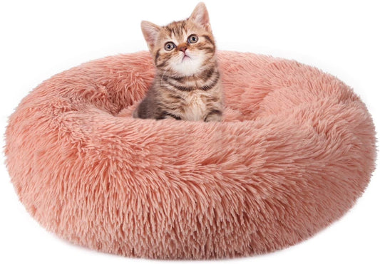 Cat Bed for Indoor Cats, Fluffy round Self Warming Calming Soft Plush Donut Cuddler Cushion Pet Bed for Small Dogs Kittens, 24 Inches