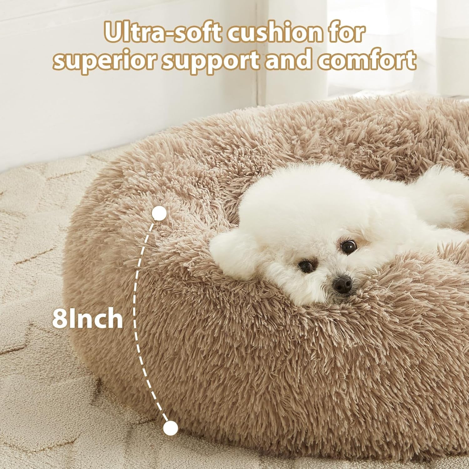 Calming Dog Bed Cat Bed Donut, Faux Fur Pet Bed Self-Warming Donut Cuddler, Comfortable round Plush Dog Beds (30 X 30 X 10 Inch, Brown)