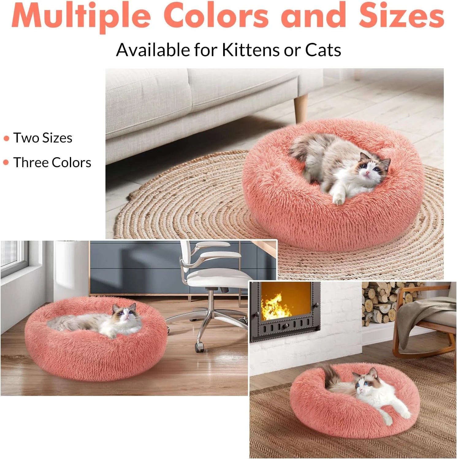 Cat Bed for Indoor Cats, Fluffy round Self Warming Calming Soft Plush Donut Cuddler Cushion Pet Bed for Small Dogs Kittens, 24 Inches