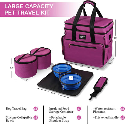 Dog Travel Bag Double Layer Large Pet Travel Bag Organizer for Accessories, Includes 2 Collapsible Bowls, 2 Food Containers, 1 Water-Resistant Placemat, Ideal Dog Travel Kit for a Weekend Away, Purple