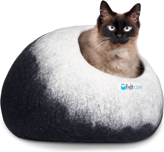 Medium Cat Cave Bed | Black & White | Cute and Cozy Cat Cave Handcrafted Merino Wool | Hideaway for Indoor Cats | Warming Nest for Kitty | Washable Wool Fabric - Gift for Pets