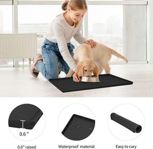 Dog Food Mat,Silicone Waterproof Food Tray,Non Slip Pet Bowl Mats Placemat,0.6" Raised Edge,Suitable for Most Small and Medium Sized Pets,18.5" X 11.5"