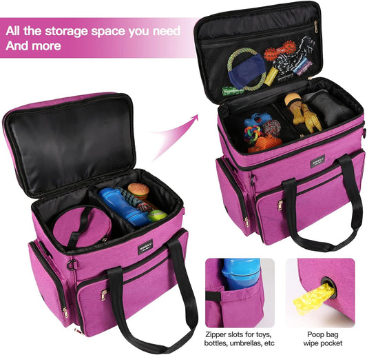 Dog Travel Bag Double Layer Large Pet Travel Bag Organizer for Accessories, Includes 2 Collapsible Bowls, 2 Food Containers, 1 Water-Resistant Placemat, Ideal Dog Travel Kit for a Weekend Away, Purple