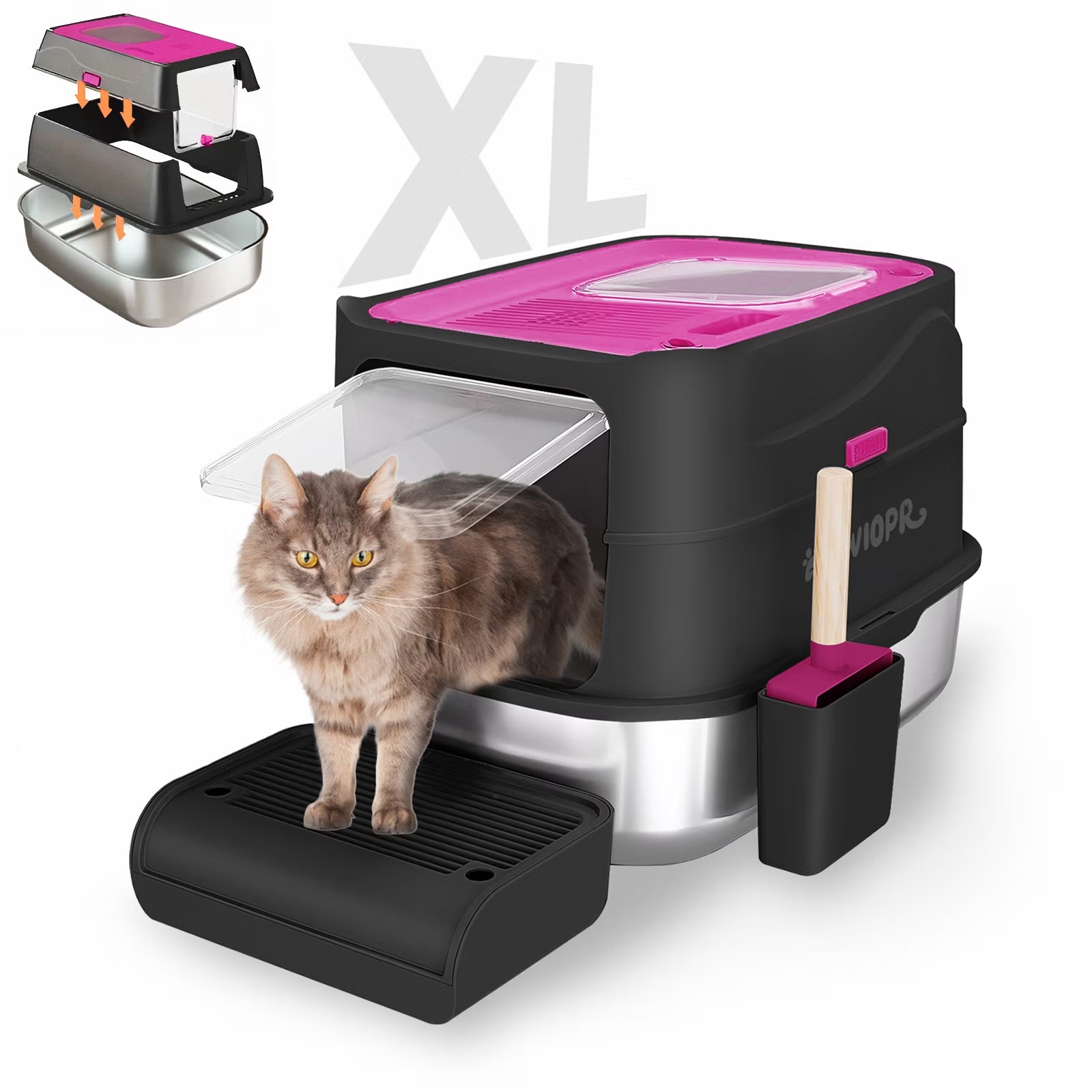 Extra Large Stainless Steel Enclosed Cat Litter Box - Odor-Resistant, Easy Clean - Gray