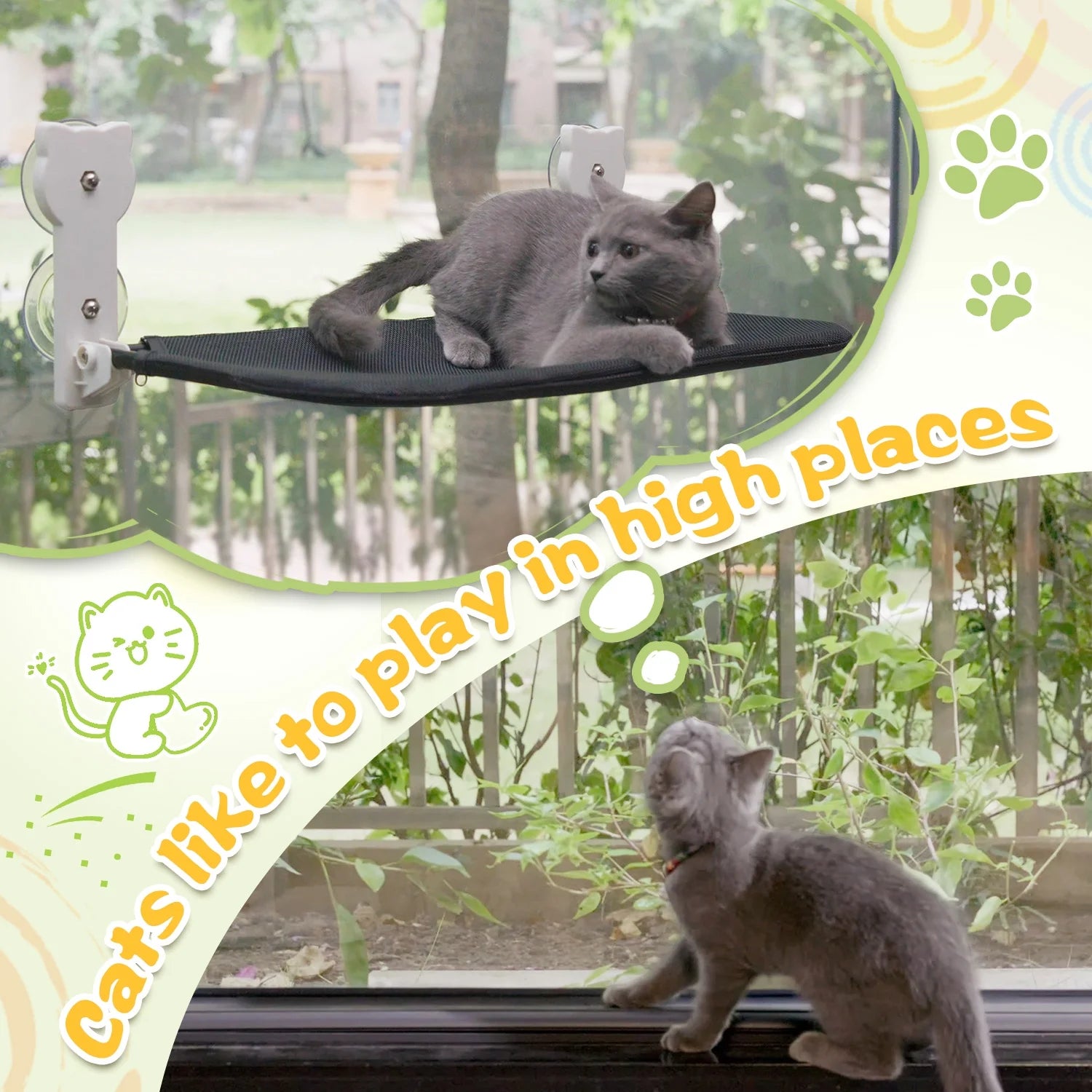 Cat Window Perch, Sturdy Foldable Cat Hammock Window Seat, Cordless Resting Pet Bed Indoor