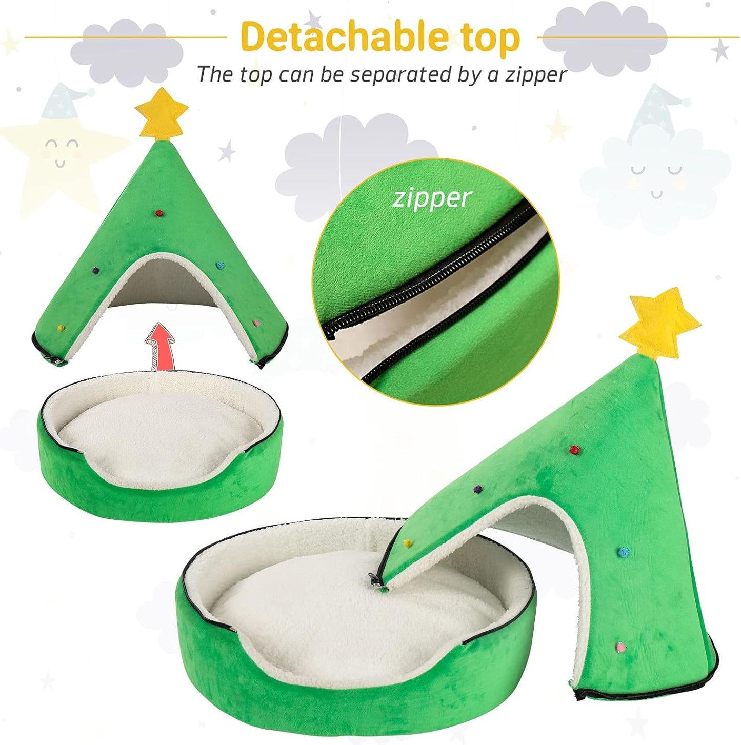 Laacat Cave Bed, Cat Tent House, Self-Warming Christmas Decor Pet Cat Bed Semi-Closed Shape Tree Pet Nest Cat Condo Pet Cat Shelter House18 in Green Star