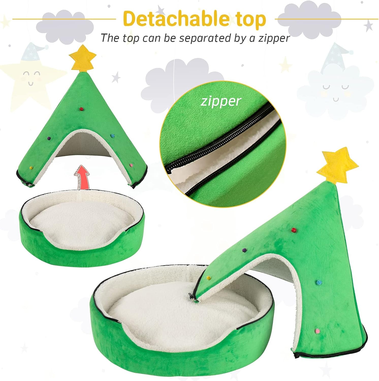 Laacat Cave Bed, Cat Tent House, Self-Warming Christmas Decor Pet Cat Bed Semi-Closed Shape Tree Pet Nest Cat Condo Pet Cat Shelter House18 in Green Star