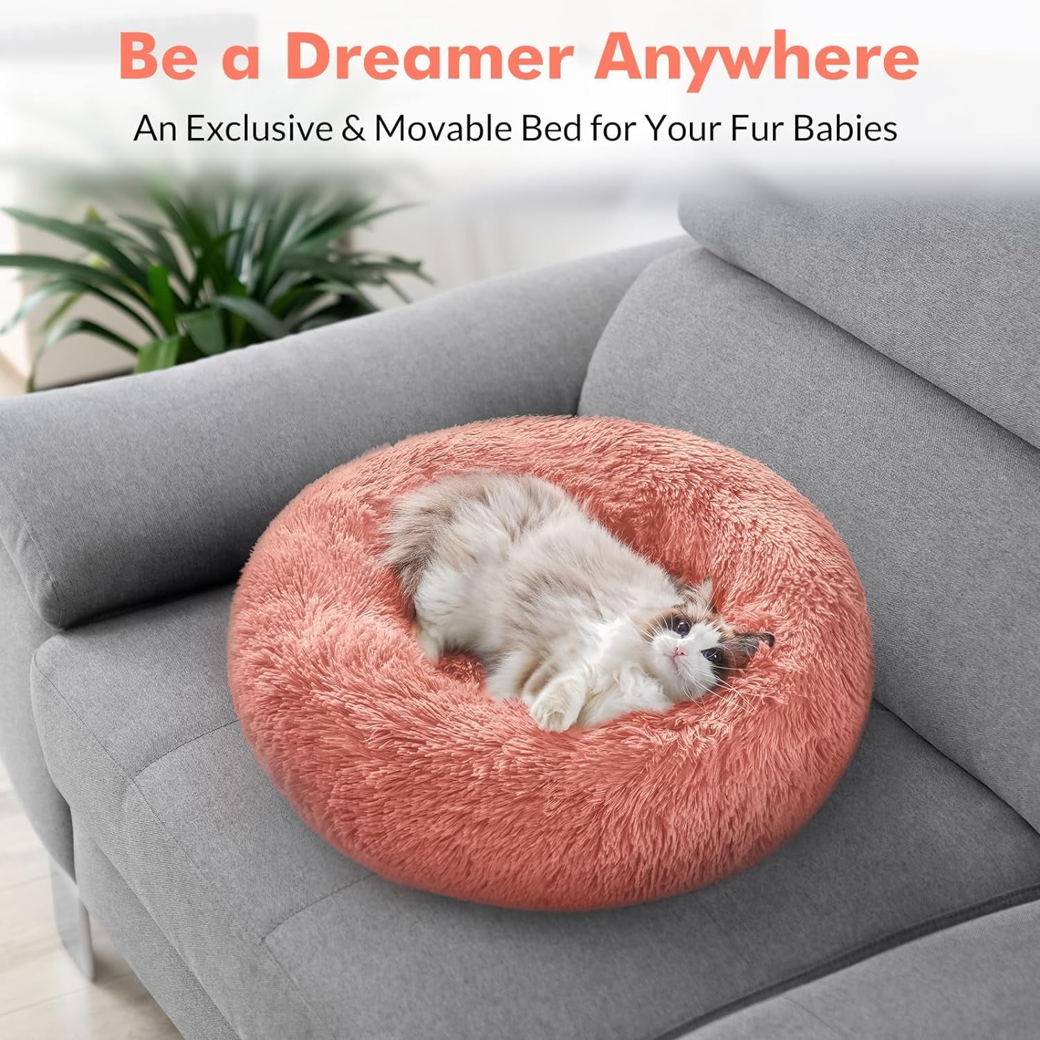 Cat Bed for Indoor Cats, Fluffy round Self Warming Calming Soft Plush Donut Cuddler Cushion Pet Bed for Small Dogs Kittens, 24 Inches