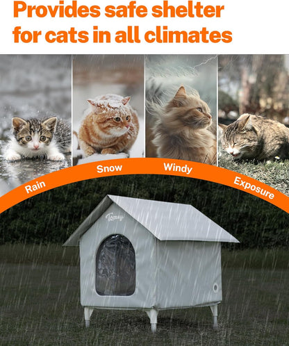 Outdoor Cat House, Waterproof Cat Shelter Extra with Heating Pad for Stray/Barn Cats, Elevated Feral Cats House with inside Insulated Aluminum Sunburn Protection