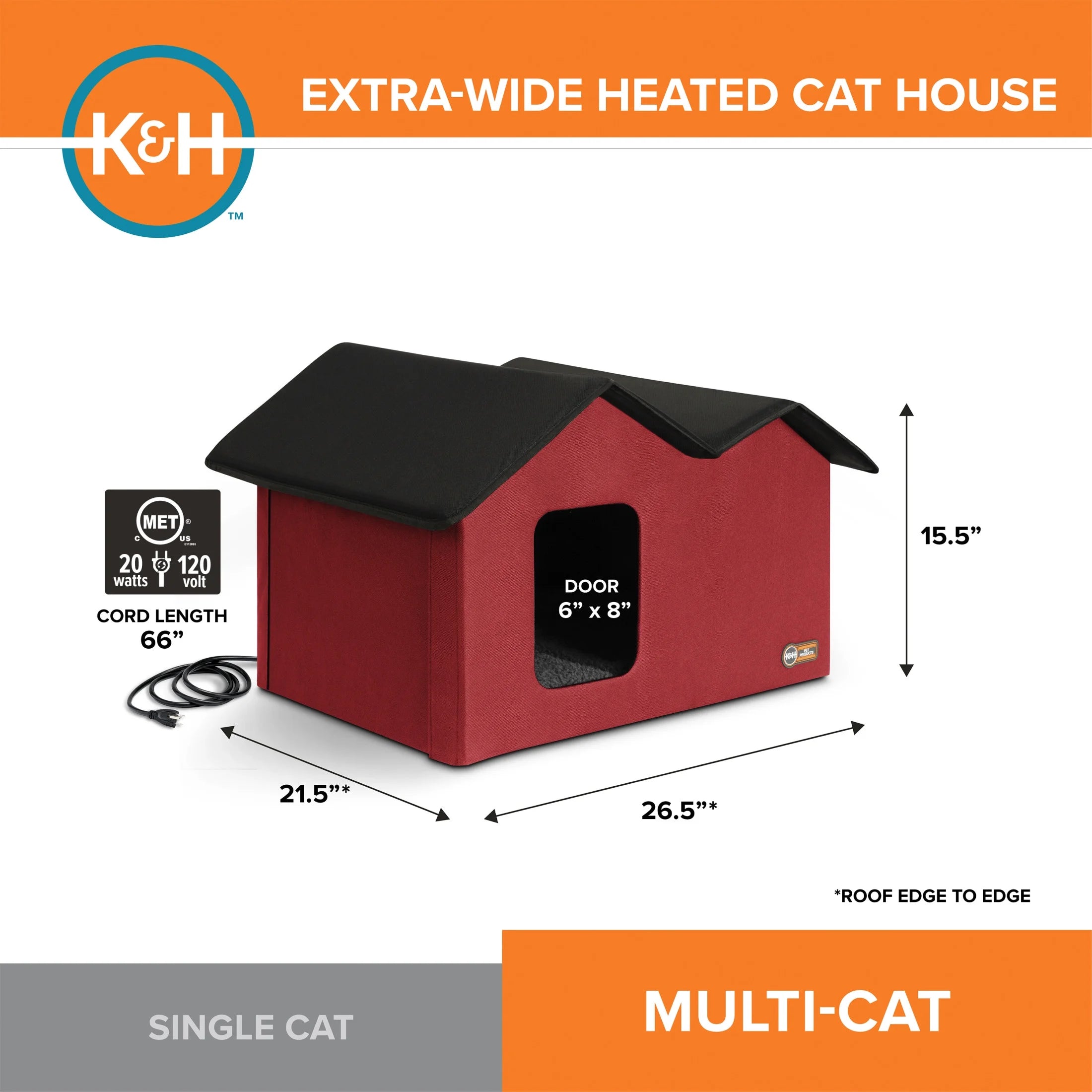 Heated Cat House for Outdoors Extra Wide Red/Black 26.5 X 21.5 X 15.5 Inches