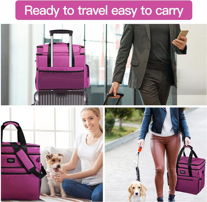 Dog Travel Bag Double Layer Large Pet Travel Bag Organizer for Accessories, Includes 2 Collapsible Bowls, 2 Food Containers, 1 Water-Resistant Placemat, Ideal Dog Travel Kit for a Weekend Away, Purple