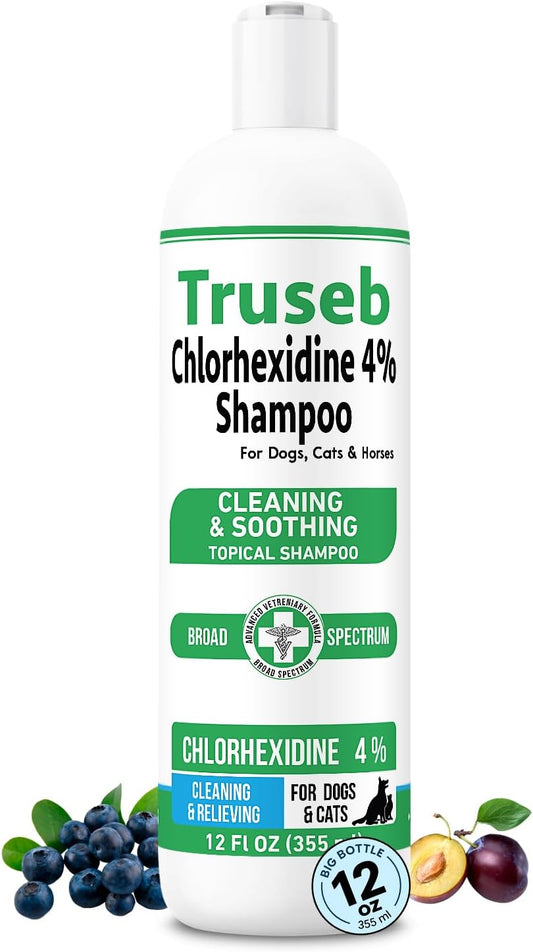 Truseb Topical Chlorhexidine 4% Shampoo for Dogs, Cats, and Horses with Plum/Blueberry Scent - 12 Oz - Made in U.S.A (Chlorhexidine 4% Shampoo, 12 Oz)