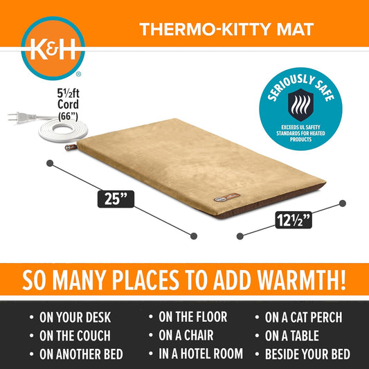 Heated Cat Bed Pad for Indoor Cats, Thermo-Kitty Mat Calming Warm Pet Heating Pad for inside Pets, Machine Washable, Waterproof Heater, Safety Listed - 12.5 X 25In Mocha/Tan