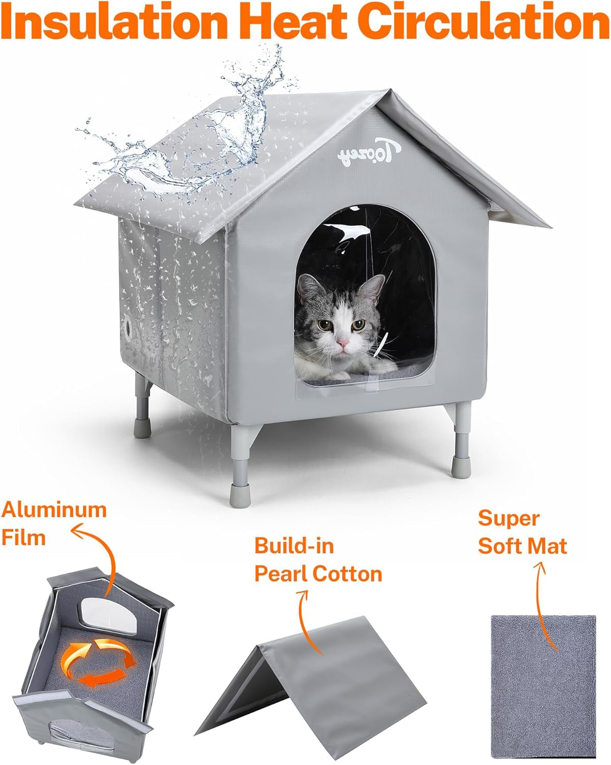 Outdoor Cat House, Waterproof Cat Shelter Extra with Heating Pad for Stray/Barn Cats, Elevated Feral Cats House with inside Insulated Aluminum Sunburn Protection