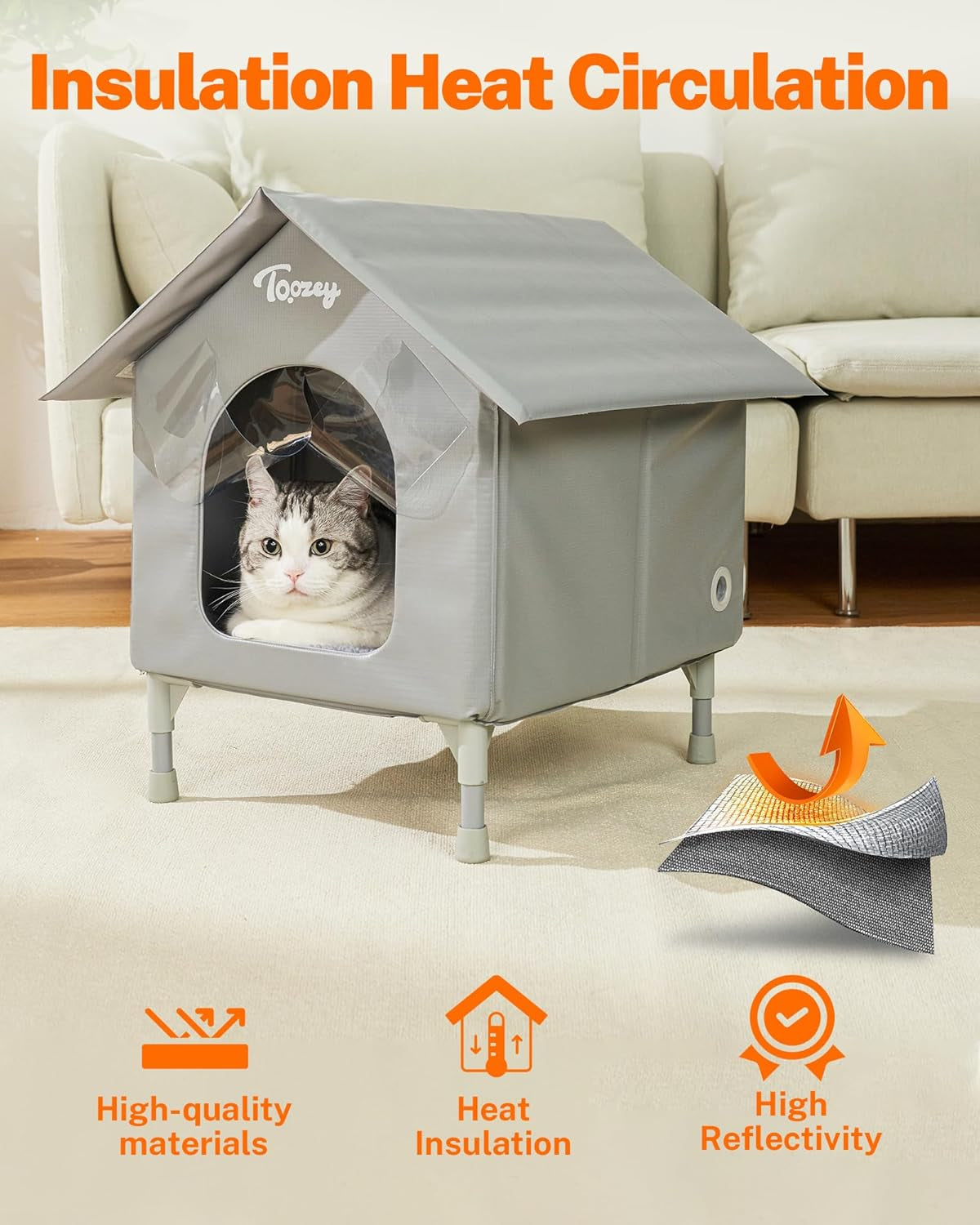 Outdoor Cat House, Waterproof Cat Shelter Extra with Heating Pad for Stray/Barn Cats, Elevated Feral Cats House with inside Insulated Aluminum Sunburn Protection