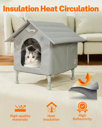 Outdoor Cat House, Waterproof Cat Shelter Extra with Heating Pad for Stray/Barn Cats, Elevated Feral Cats House with inside Insulated Aluminum Sunburn Protection