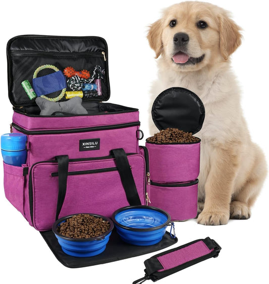 Dog Travel Bag Double Layer Large Pet Travel Bag Organizer for Accessories, Includes 2 Collapsible Bowls, 2 Food Containers, 1 Water-Resistant Placemat, Ideal Dog Travel Kit for a Weekend Away, Purple