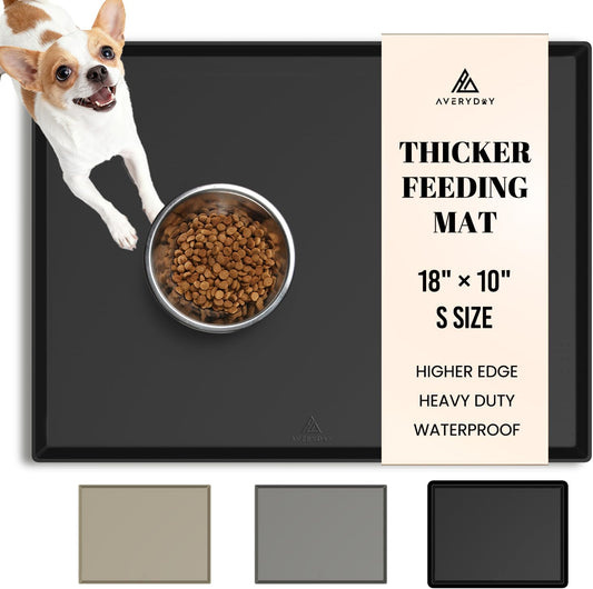 100% Waterproof Thicker Silicone Dog Food Mat, 0.63'' Raised Edge Bowl Mat for Food & Water, Non Slip Pet Feeding Placemat for Messy Drinkers, Perfect for Large Medium Small Breeds, 18"X10"