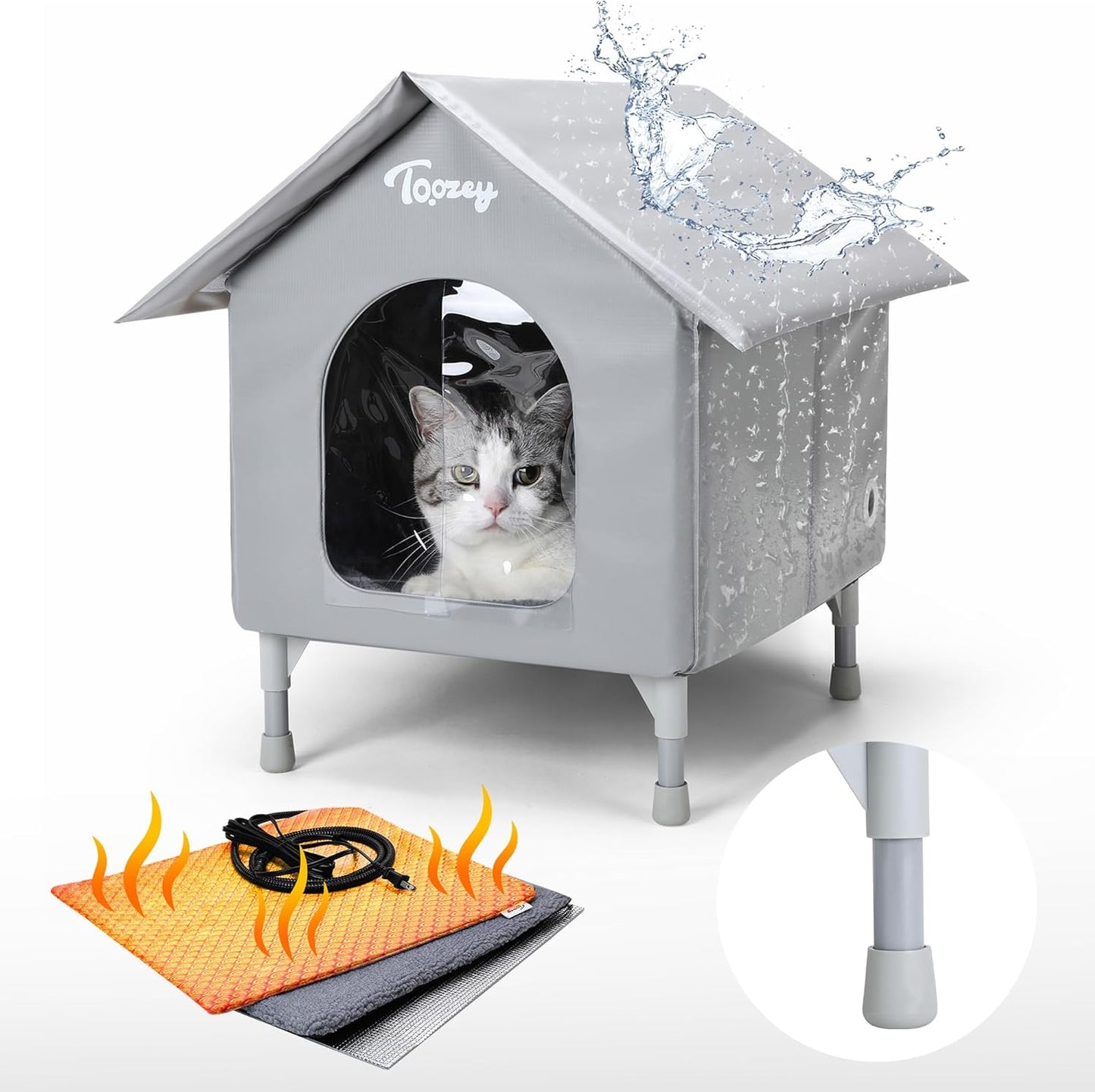 Outdoor Cat House, Waterproof Cat Shelter Extra with Heating Pad for Stray/Barn Cats, Elevated Feral Cats House with inside Insulated Aluminum Sunburn Protection