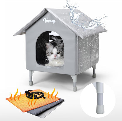 Outdoor Cat House, Waterproof Cat Shelter Extra with Heating Pad for Stray/Barn Cats, Elevated Feral Cats House with inside Insulated Aluminum Sunburn Protection