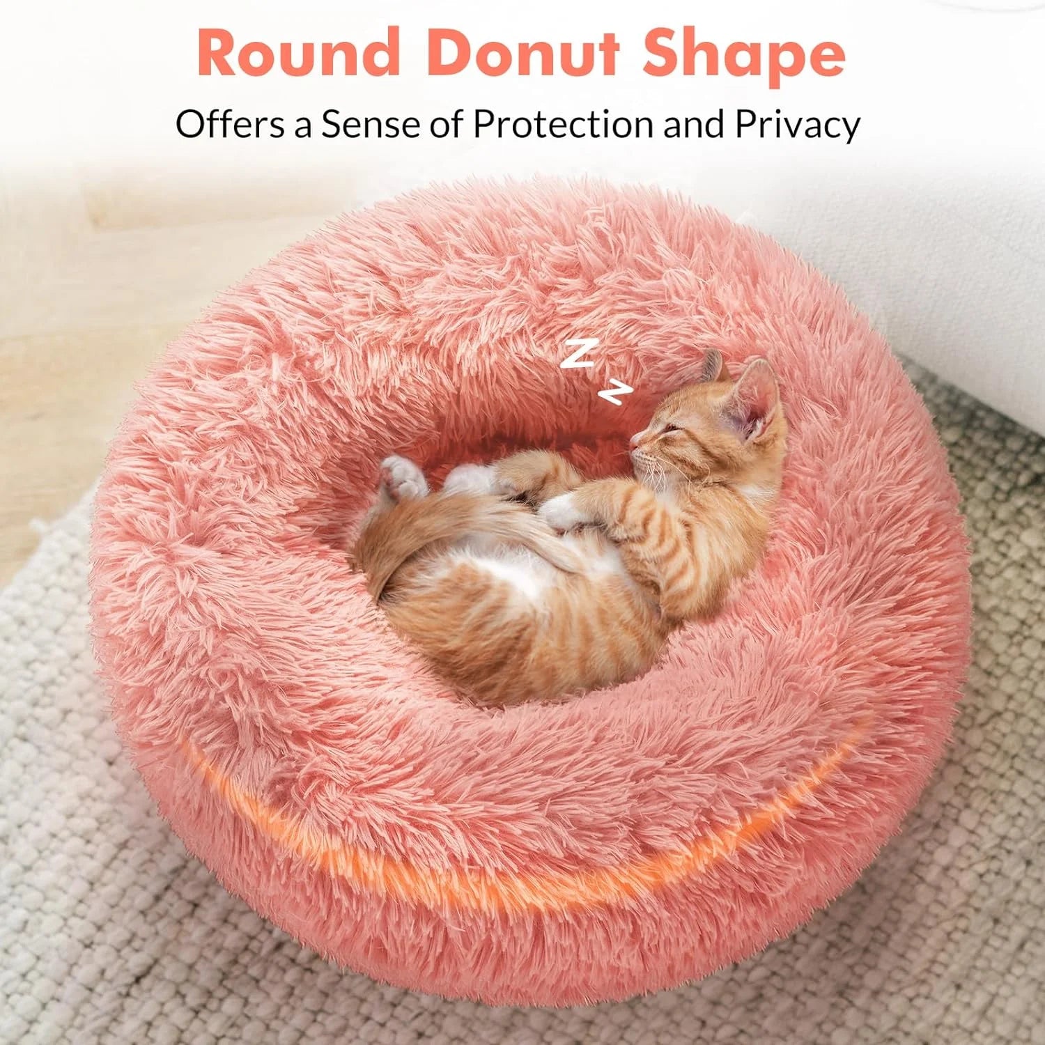 Cat Bed for Indoor Cats, Fluffy round Self Warming Calming Soft Plush Donut Cuddler Cushion Pet Bed for Small Dogs Kittens, 24 Inches