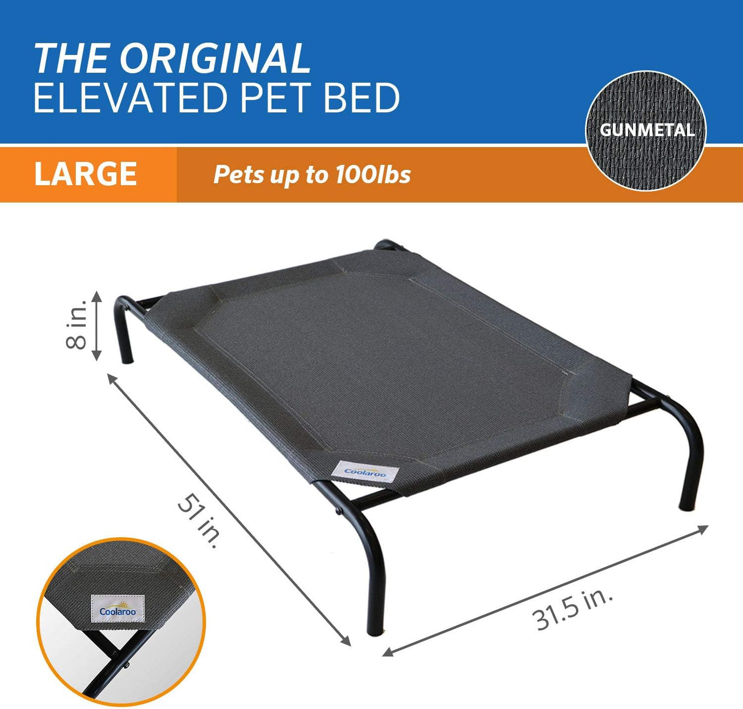 Original Elevated Dog Bed - Breathable Off-The-Ground Pet Bed with Cooling Fabric, Joint Relief & Moisture-Resistant Fabric, 100% Recyclable, Easy Clean, Gunmetal, Large
