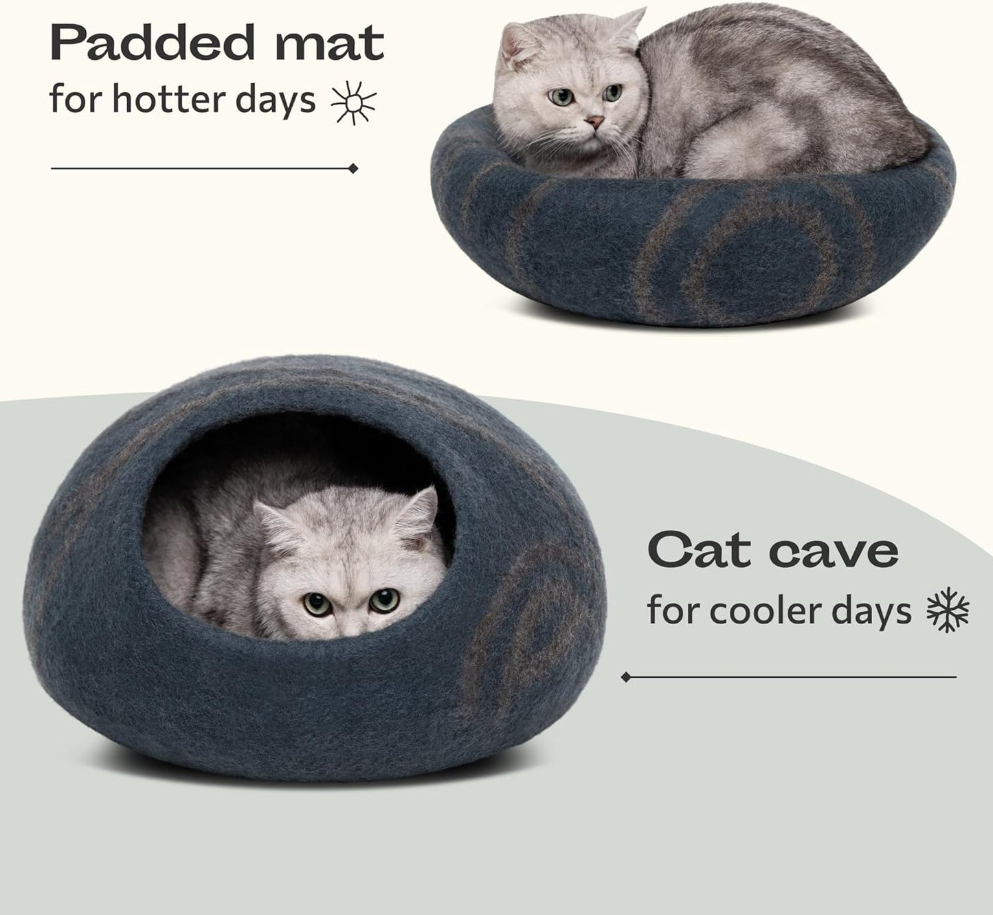 Cat Cave – Premium Felt Cat Bed for Indoor Cats, Handmade Merino Wool (Slate Grey, Large)