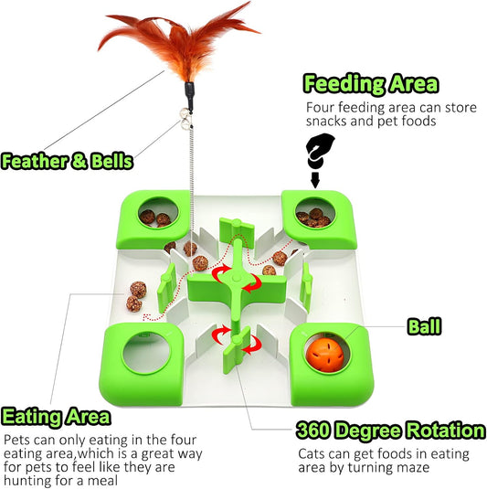 Cat Puzzle Feeder Treat Puzzle Toy, Cat Slow Feeder Food Dispenser, Interactive Treat Maze & IQ Training Toys for Indoor Cats Slow Feeder Cat Bowl for Healthy Eating Diet