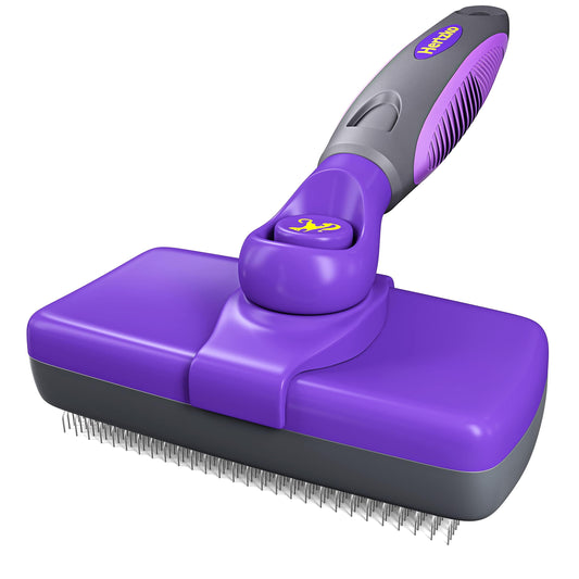 Self Cleaning Slicker Brush for Dogs and Cats - Pet Hair Brush for Shedding Long and Short Hair - Easy Clean Retractable Bristles - Cat and Dog Grooming Tool - Purple
