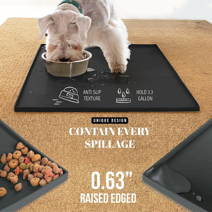 100% Waterproof Thicker Silicone Dog Food Mat, 0.63'' Raised Edge Bowl Mat for Food & Water, Non Slip Pet Feeding Placemat for Messy Drinkers, Perfect for Large Medium Small Breeds, 18"X10"