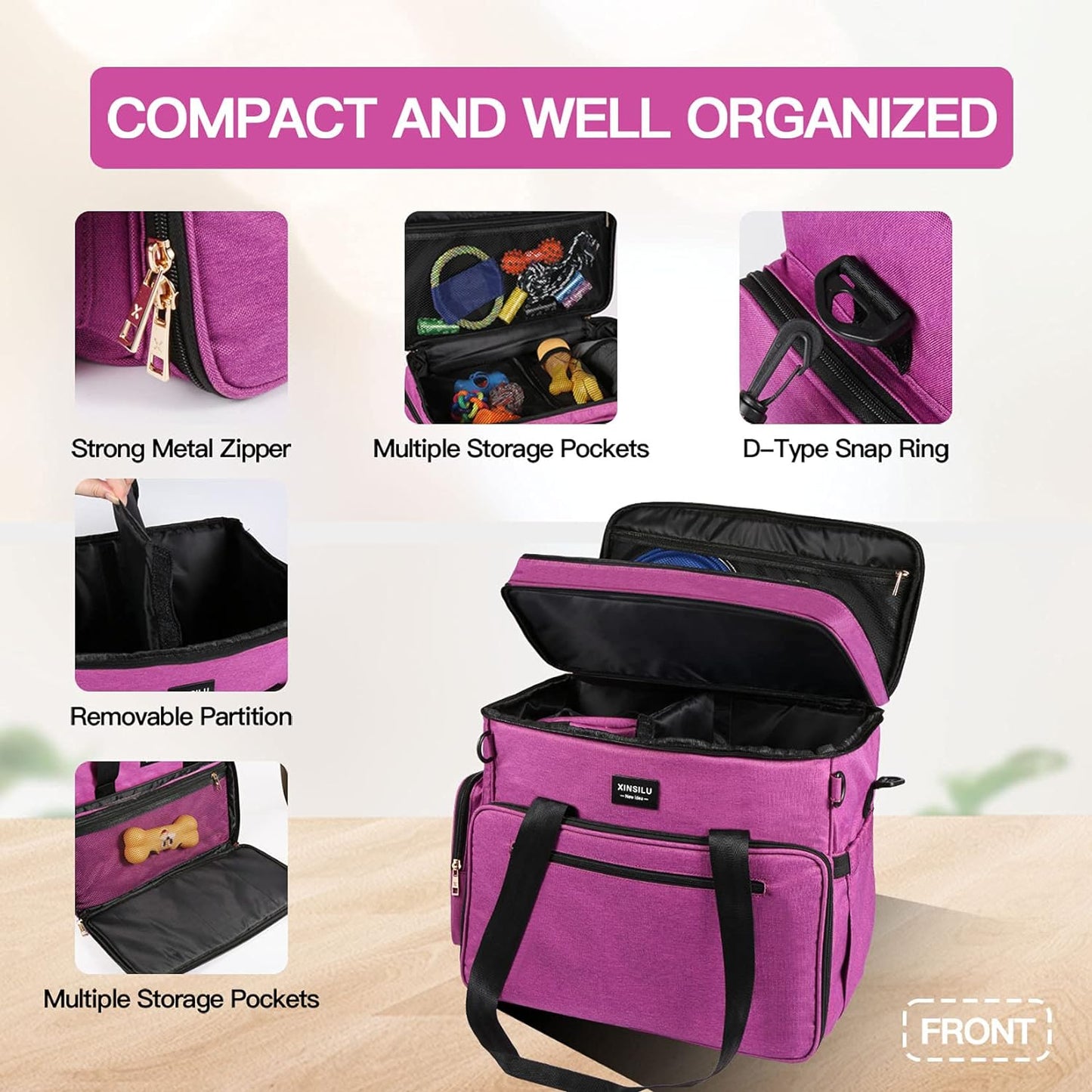 Dog Travel Bag Double Layer Large Pet Travel Bag Organizer for Accessories, Includes 2 Collapsible Bowls, 2 Food Containers, 1 Water-Resistant Placemat, Ideal Dog Travel Kit for a Weekend Away, Purple