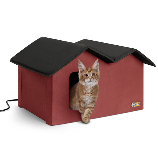 Heated Cat House for Outdoors Extra Wide Red/Black 26.5 X 21.5 X 15.5 Inches