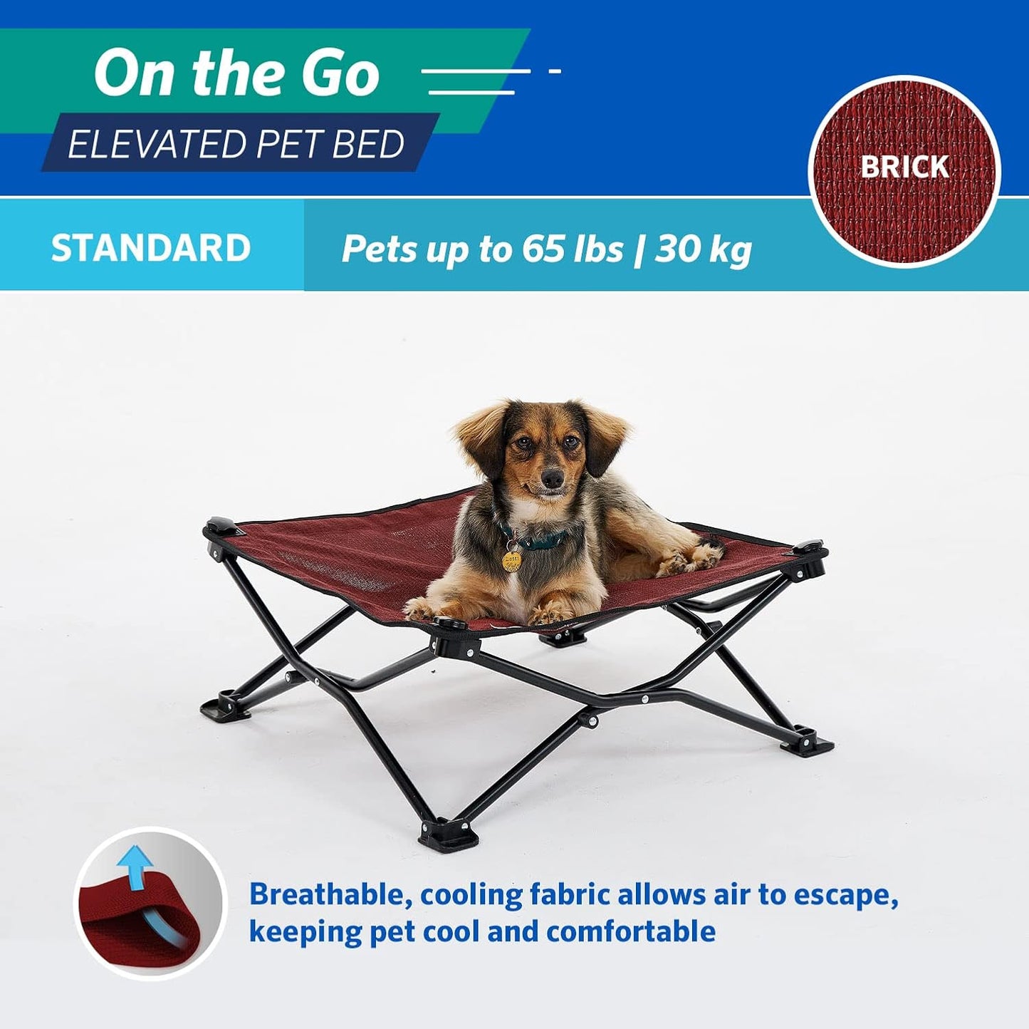 On-The-Go Elevated Dog Bed - Foldable Pop-Up Travel Dog Bed with Breathable, Moisture-Resistant Fabric, Carry Bag Included, Lightweight & Portable, Brick, Standard