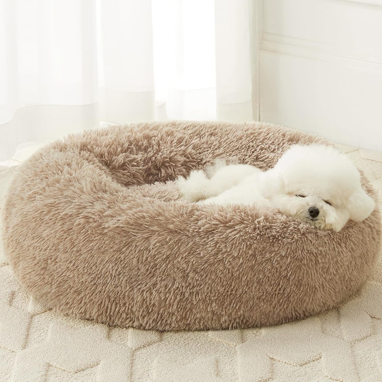 Calming Dog Bed Cat Bed Donut, Faux Fur Pet Bed Self-Warming Donut Cuddler, Comfortable round Plush Dog Beds (30 X 30 X 10 Inch, Brown)