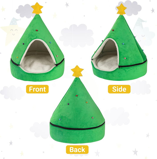 Laacat Cave Bed, Cat Tent House, Self-Warming Christmas Decor Pet Cat Bed Semi-Closed Shape Tree Pet Nest Cat Condo Pet Cat Shelter House18 in Green Star