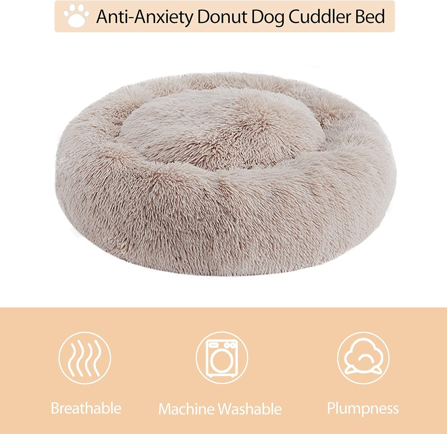 Calming Dog Bed Cat Bed Donut, Faux Fur Pet Bed Self-Warming Donut Cuddler, Comfortable round Plush Dog Beds (30 X 30 X 10 Inch, Brown)