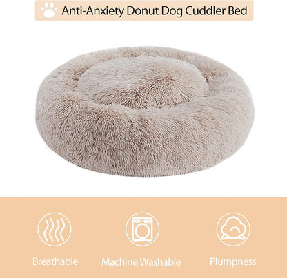 Calming Dog Bed Cat Bed Donut, Faux Fur Pet Bed Self-Warming Donut Cuddler, Comfortable round Plush Dog Beds (30 X 30 X 10 Inch, Brown)