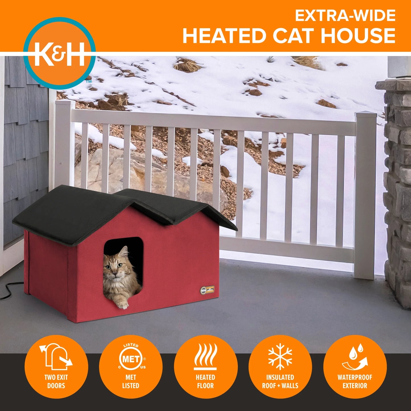 Heated Cat House for Outdoors Extra Wide Red/Black 26.5 X 21.5 X 15.5 Inches