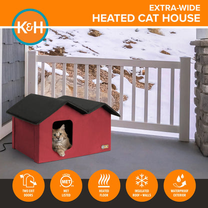 Heated Cat House for Outdoors Extra Wide Red/Black 26.5 X 21.5 X 15.5 Inches