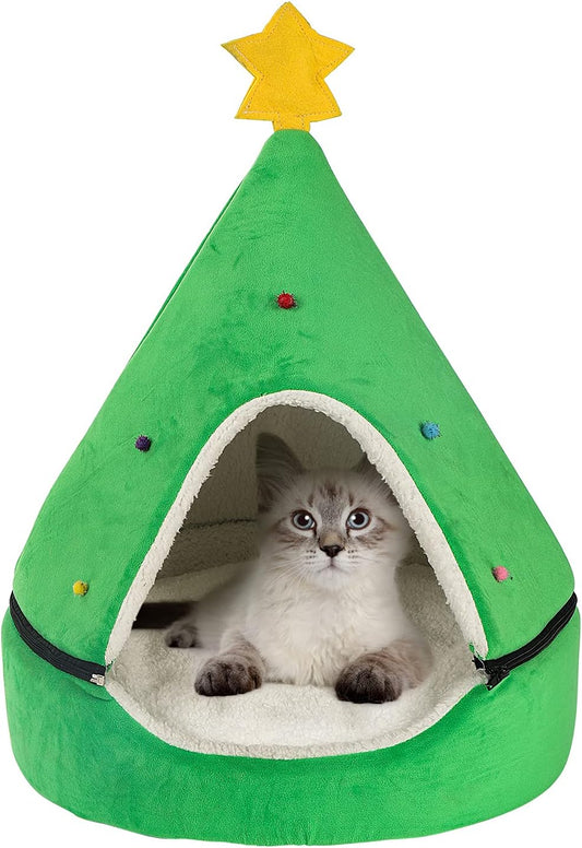 Laacat Cave Bed, Cat Tent House, Self-Warming Christmas Decor Pet Cat Bed Semi-Closed Shape Tree Pet Nest Cat Condo Pet Cat Shelter House18 in Green Star