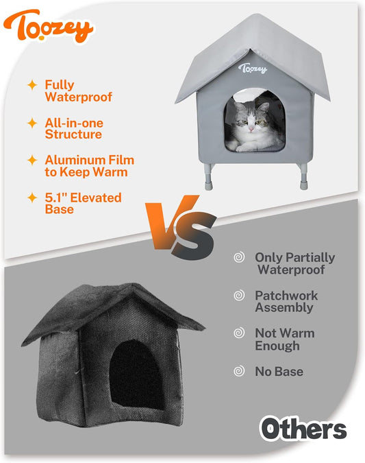 Outdoor Cat House, Waterproof Cat Shelter Extra with Heating Pad for Stray/Barn Cats, Elevated Feral Cats House with inside Insulated Aluminum Sunburn Protection