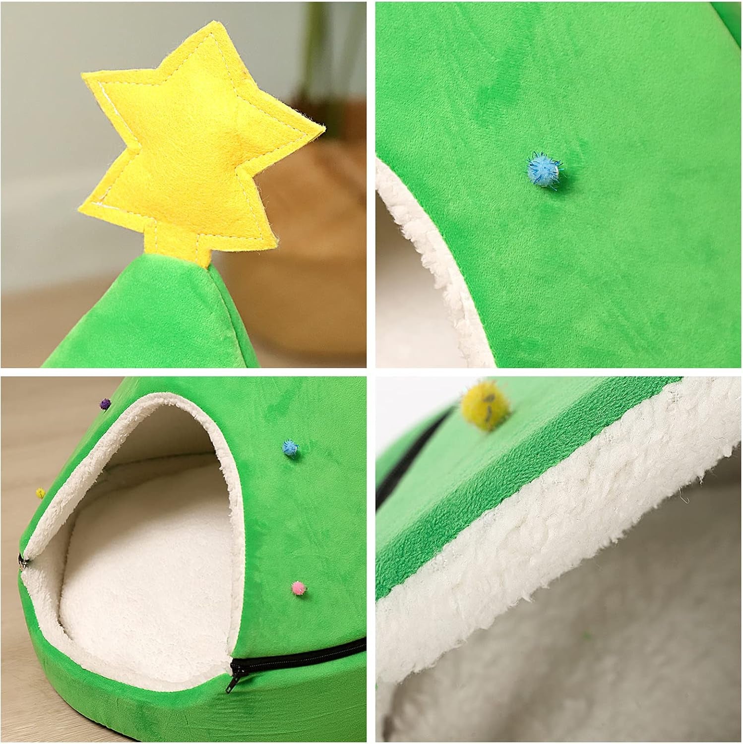 Laacat Cave Bed, Cat Tent House, Self-Warming Christmas Decor Pet Cat Bed Semi-Closed Shape Tree Pet Nest Cat Condo Pet Cat Shelter House18 in Green Star