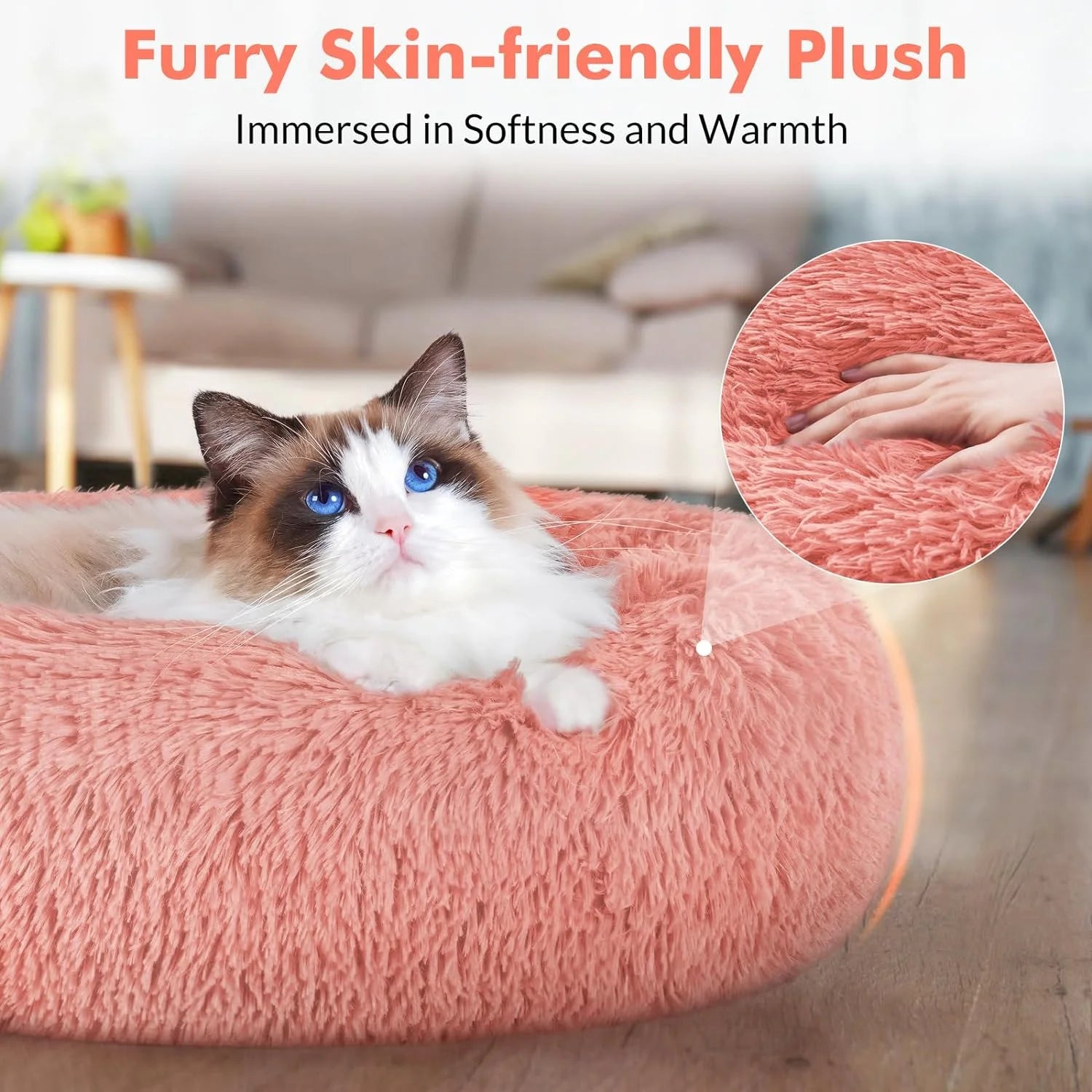 Cat Bed for Indoor Cats, Fluffy round Self Warming Calming Soft Plush Donut Cuddler Cushion Pet Bed for Small Dogs Kittens, 24 Inches