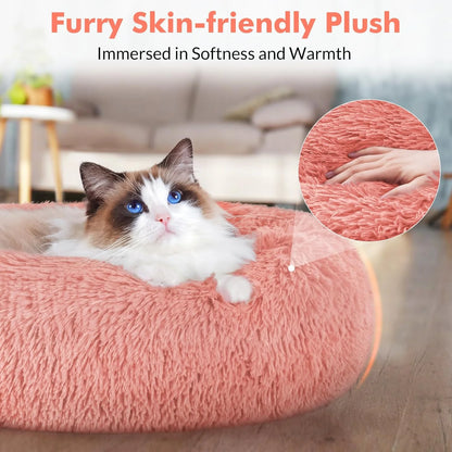 Cat Bed for Indoor Cats, Fluffy round Self Warming Calming Soft Plush Donut Cuddler Cushion Pet Bed for Small Dogs Kittens, 24 Inches
