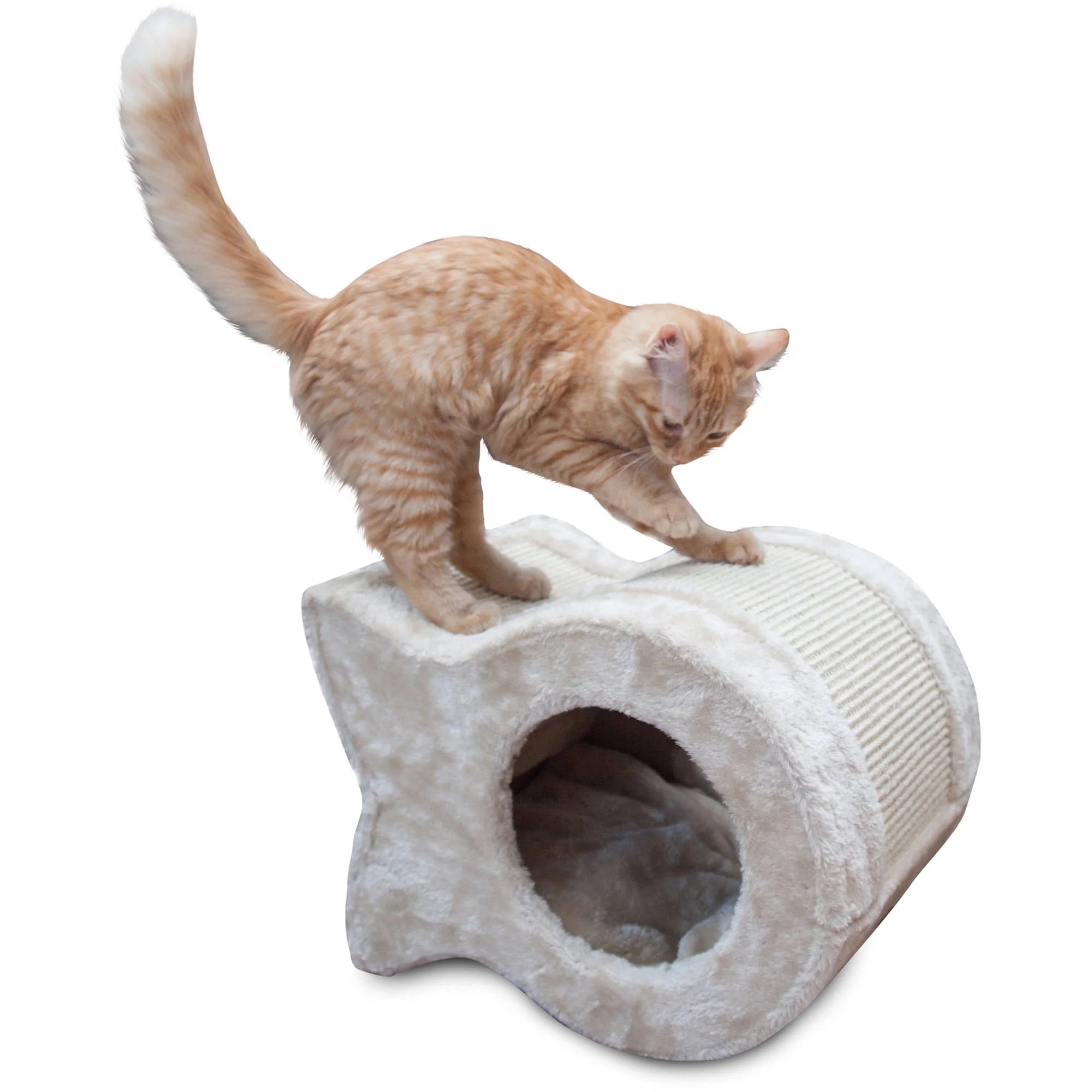| Kitty Cave Cat Scratcher, Fish Sisal Scratching Pad, Faux Fur and Sisal, Beige